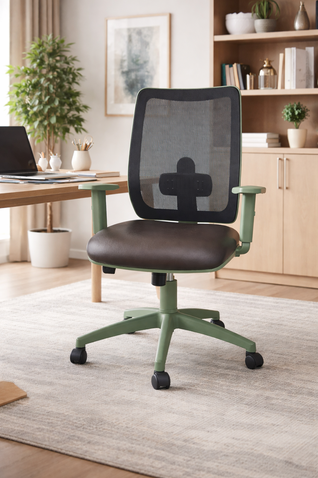 Sedia Ufficio Ergonomica Verde Salvia, Poltrona Scrivania con Supporto Lombare X-Flow, Braccioli Regolabili, Seduta in Eco-Pelle e Schienale Traspirante, Design Moderno Bio-Style.