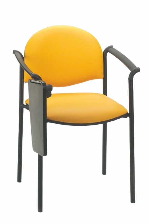 Sedia attesa gialla con braccioli e tavoletta scrivania.
