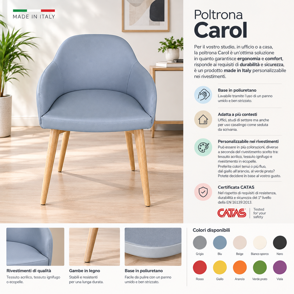 Poltrona Carol – Poltroncina Imbottita con Gambe in Legno