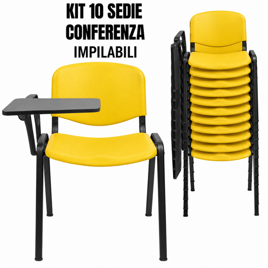 Kit 10 sedie impilabili da conferenza con braccioli e tavoletta, seduta gialla