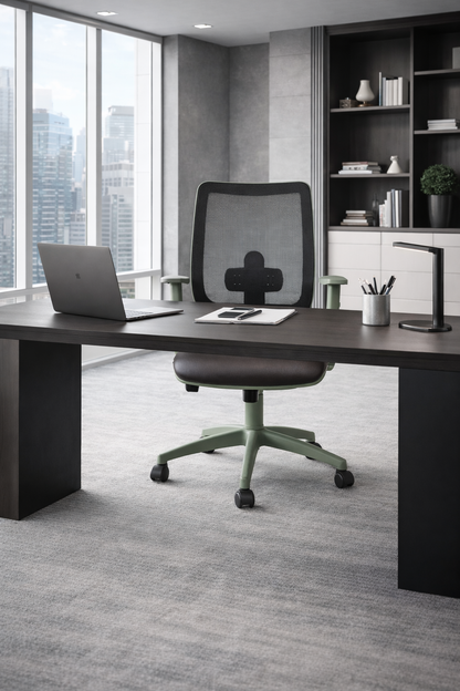 Sedia Ufficio Ergonomica Verde Salvia, Poltrona Scrivania con Supporto Lombare X-Flow, Braccioli Regolabili, Seduta in Eco-Pelle e Schienale Traspirante, Design Moderno Bio-Style.